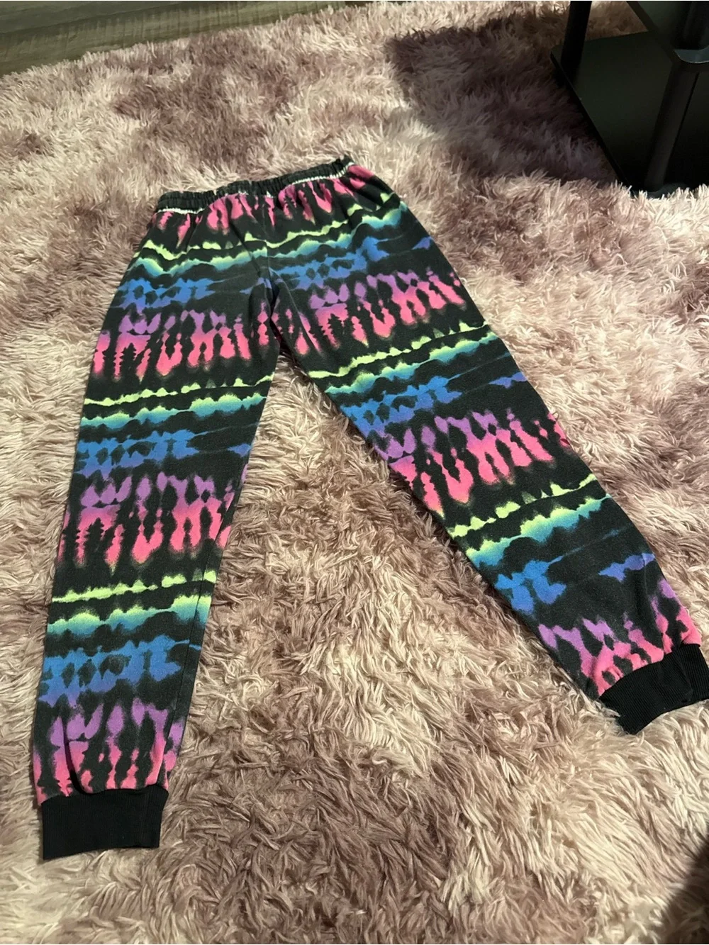 Justice Black Tie-Dye Joggers with Pink, Blue, Green, Purple Stripes